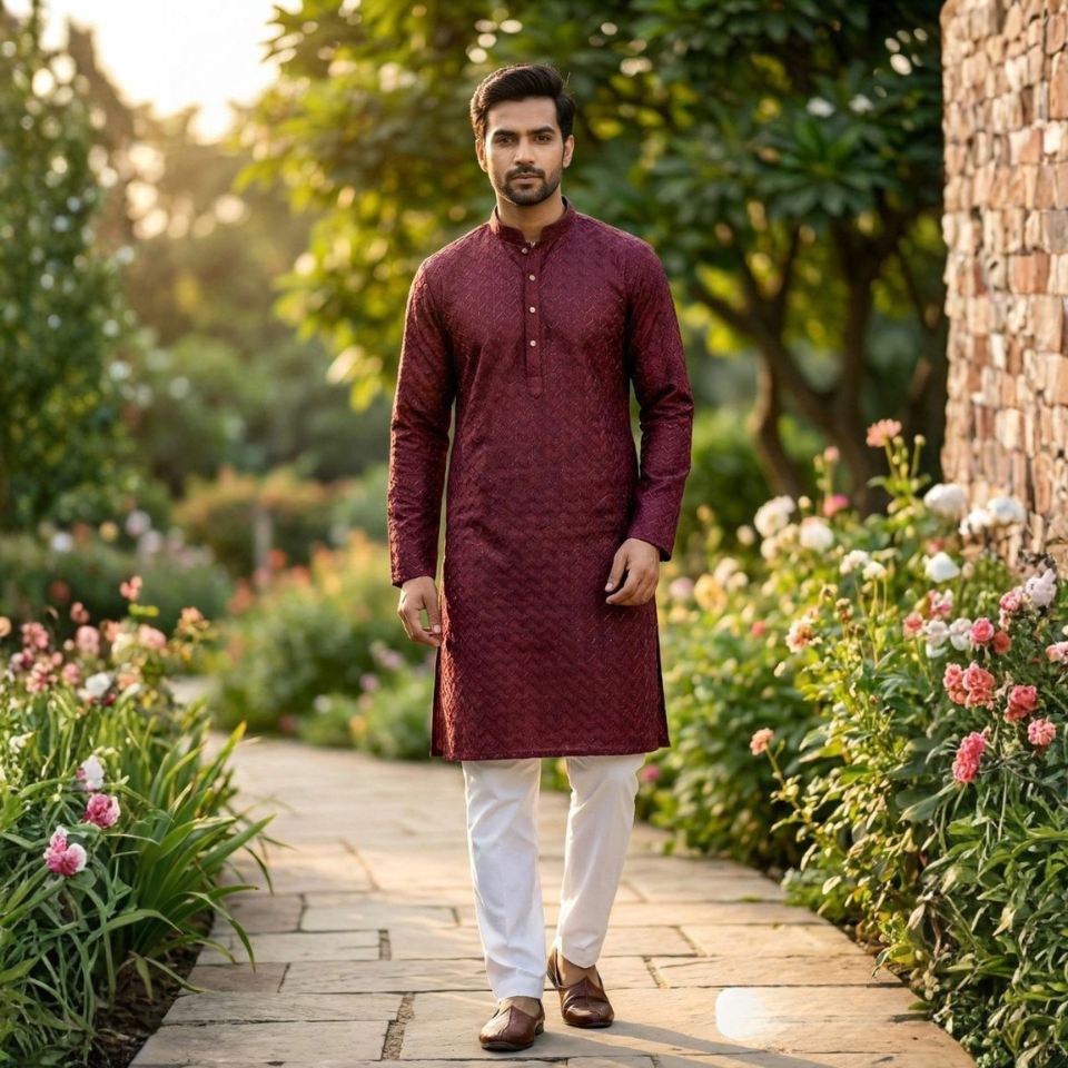 Men’s Silk Kurta Set with All-Over Work and Raymond Cotton Pyjama