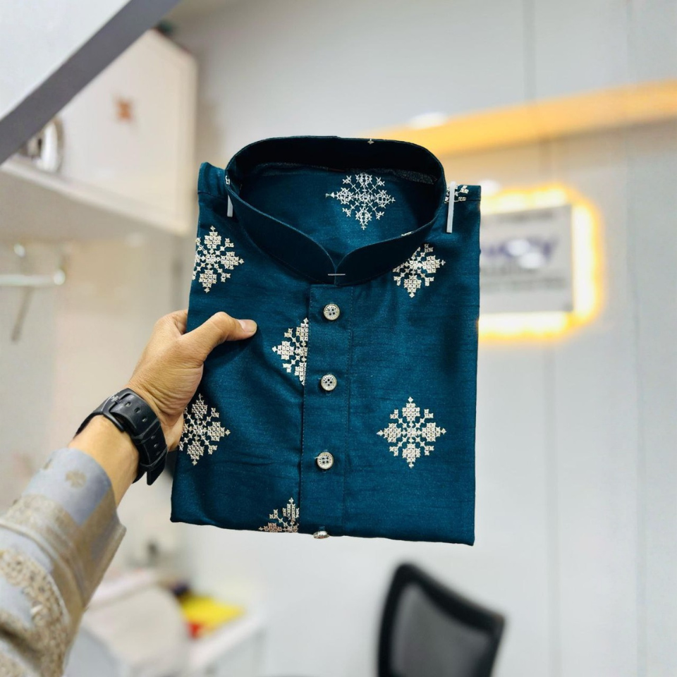 Men’s Soft Parbon Silk Kurta with Matte Copper Sequin Work