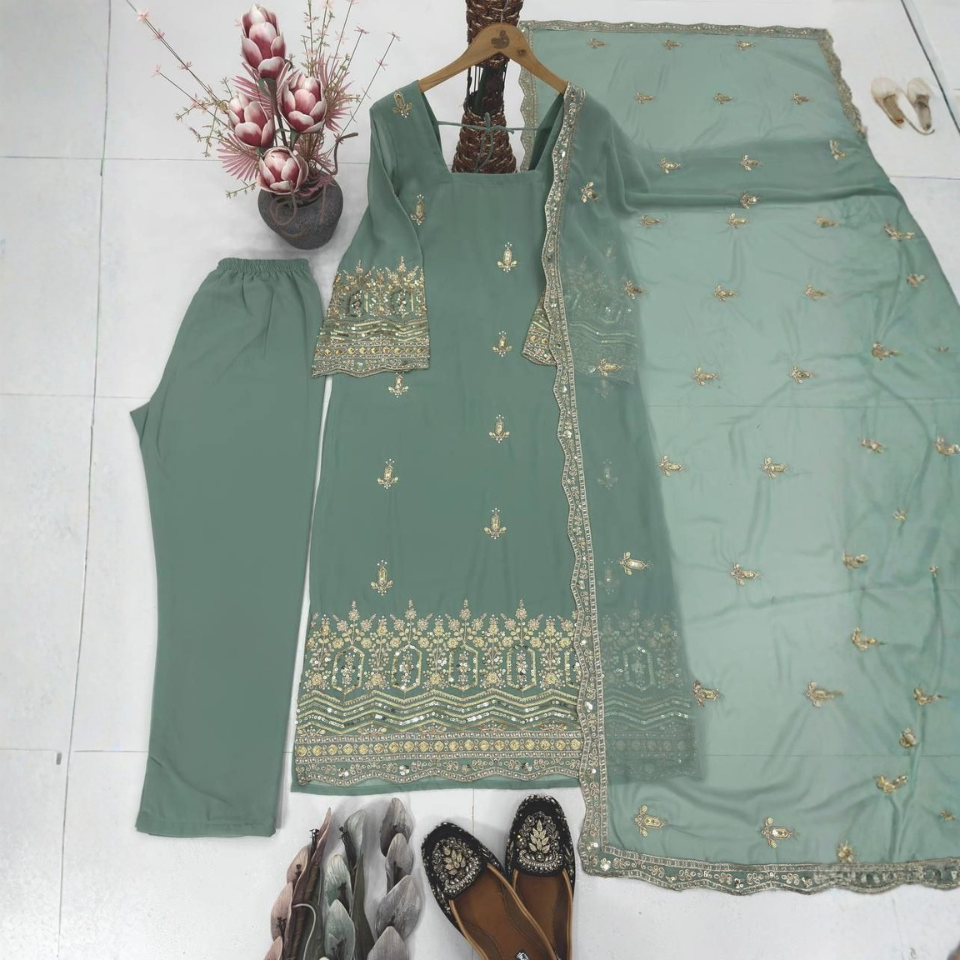 Heavy Faux Georgette Embroidered Long Kurta Set with Silk Bottom and Designer Dupatta