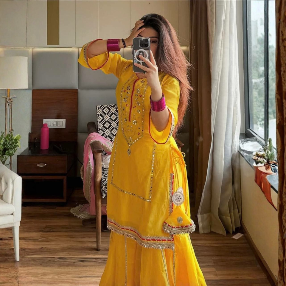 Pure Kundan Organza Silk Embroidered Top Plazzo Suit with Lace Border Dupatta