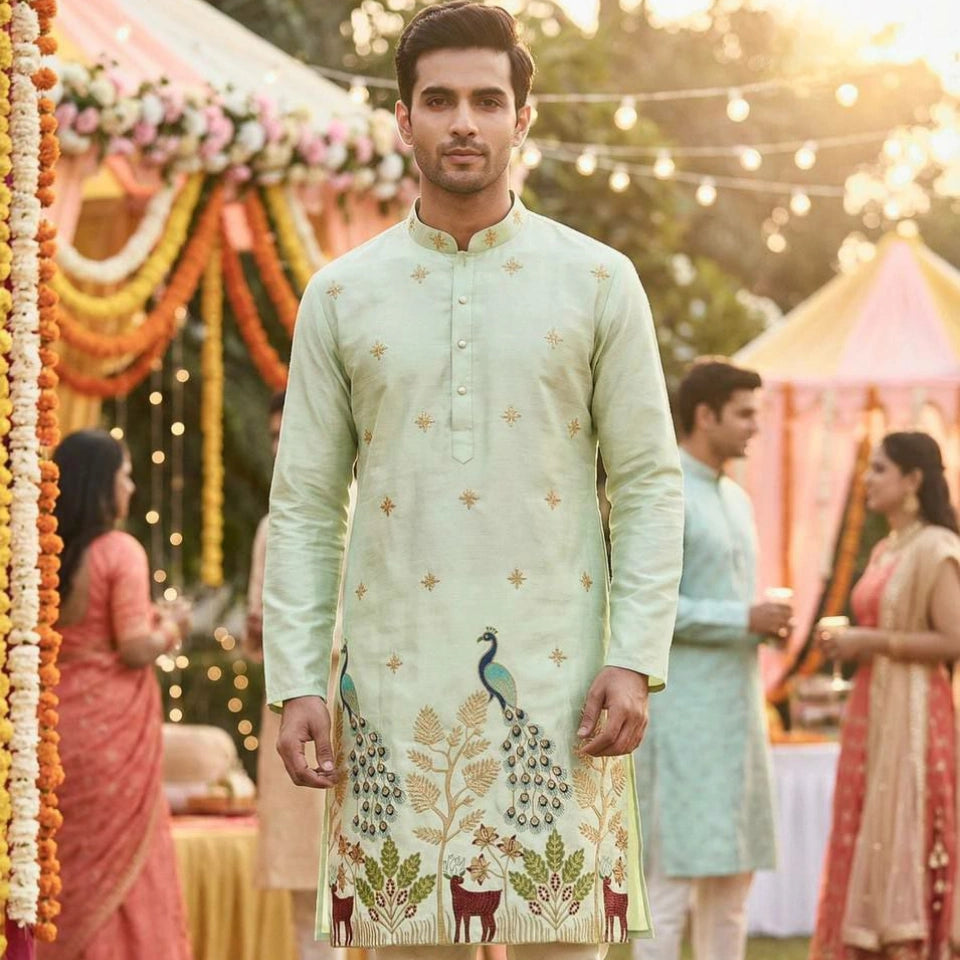 Pure Silk Party Wear Kurta Set with Sequins Work