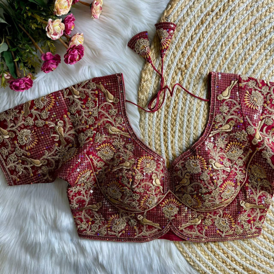Heavy Roman Silk Partywear Blouse with Jari Sequence & Coding Thread Work