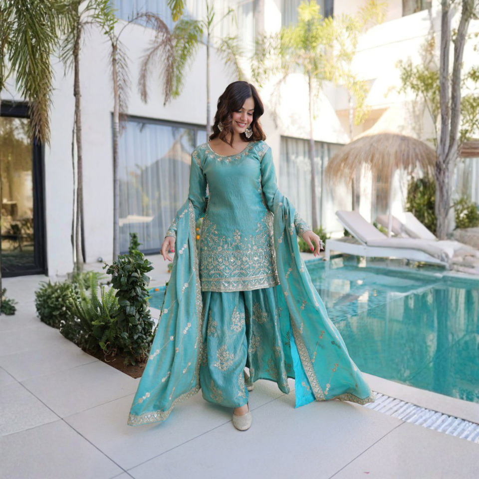 Fendi Crush Embroidered Kurti Sharara Set with Zari & Sequins Work