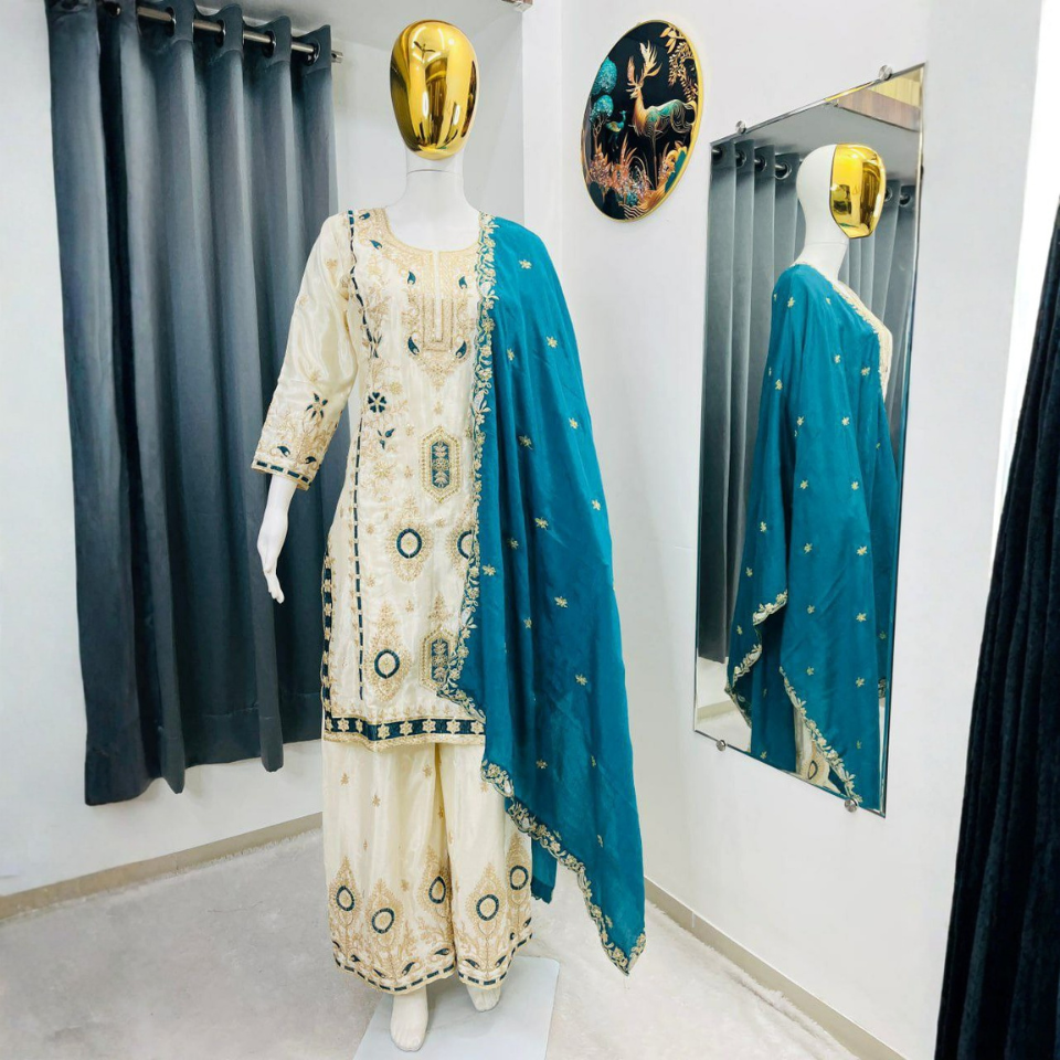 Eid Special Chinon Silk Embroidered Sequins Kurti Palazzo Dupatta Set