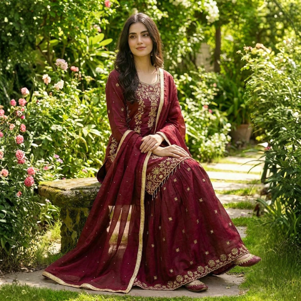 GMY Silk Heavy Embroidered Kurta Sharara Set with Dupatta