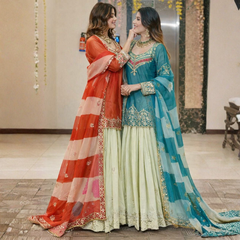 Women’s Fandy Silk Embroidered Top with Crepe Silk Lehenga & Organza Silk Dupatta