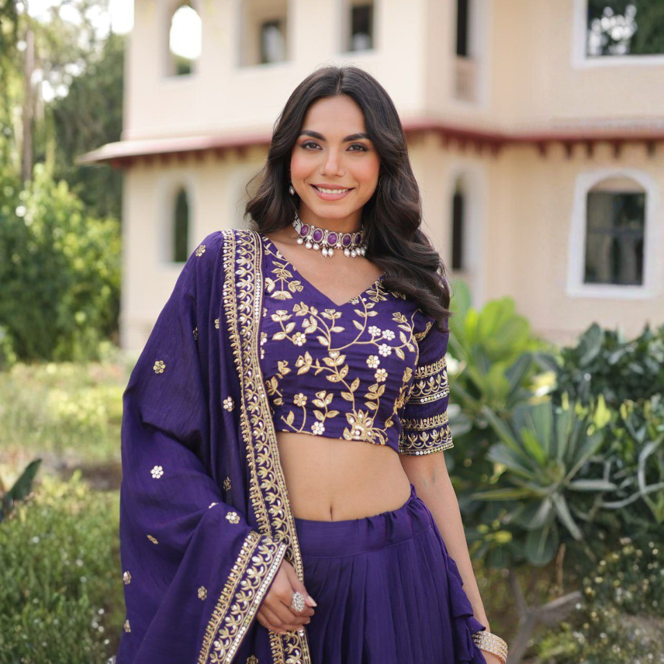 Vichitra Silk Heavy Sequins & Zari Embroidered Lehenga Choli with Designer Dupatta