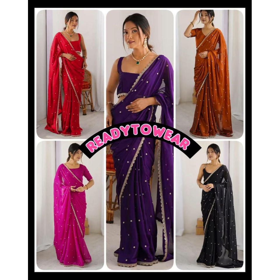 Rangoli Silk Readymade Saree with Embroidered Butti and Sequence Work