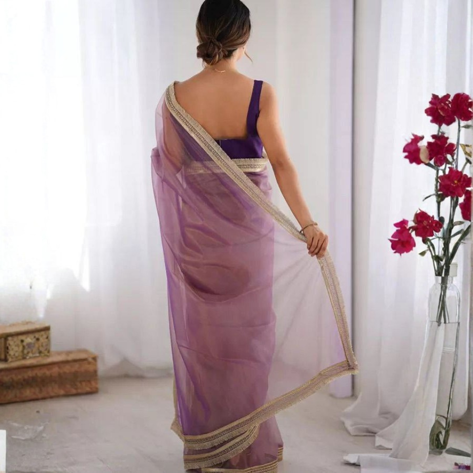 Twill Net Fancy Lace Border Party Wear Saree with Mono Banglori Blouse