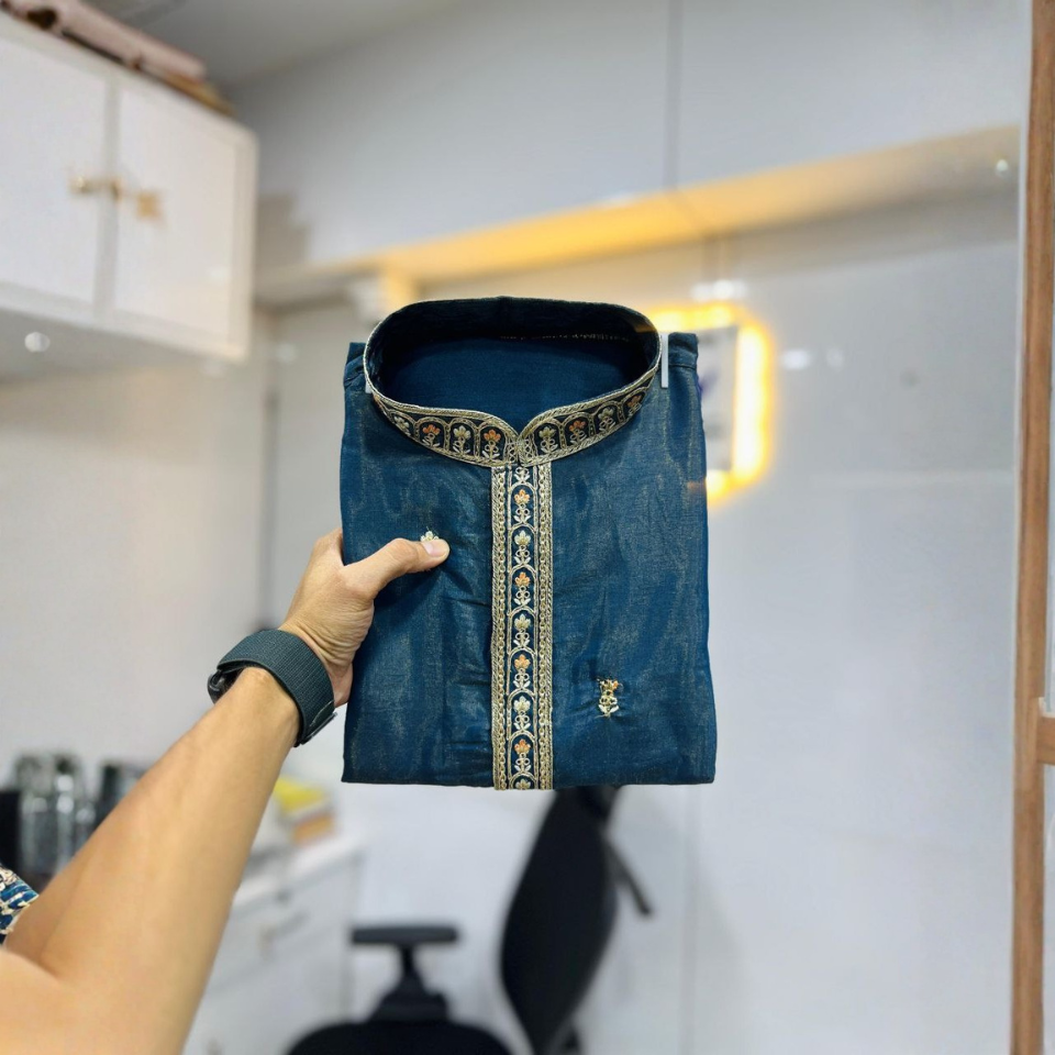 Men’s Roman Shimmer Embroidered Kurta with Heavy Daman & Golden Sequence Work