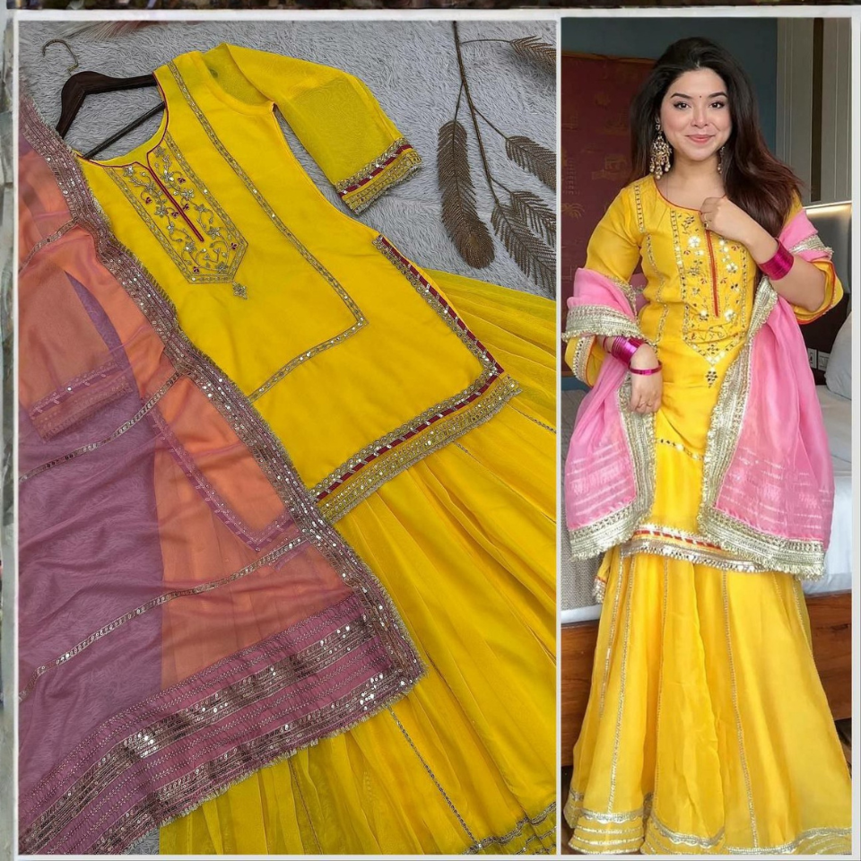 Pure Kundan Organza Silk Embroidered Top Plazzo Suit with Lace Border Dupatta