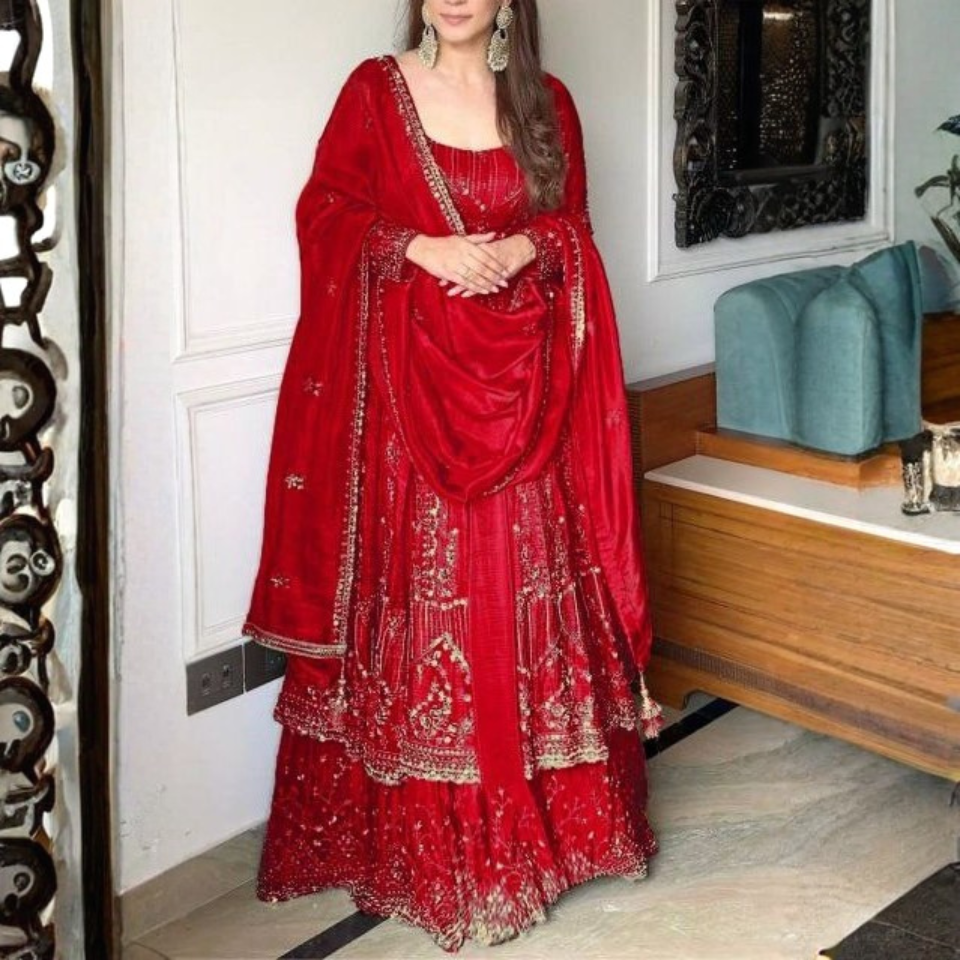 Heavy Crunchy Silk Embroidered Gown Lehenga Dupatta Set with Full Sleeves