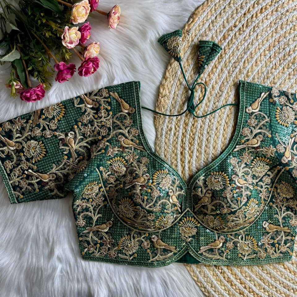 Heavy Roman Silk Partywear Blouse with Jari Sequence & Coding Thread Work