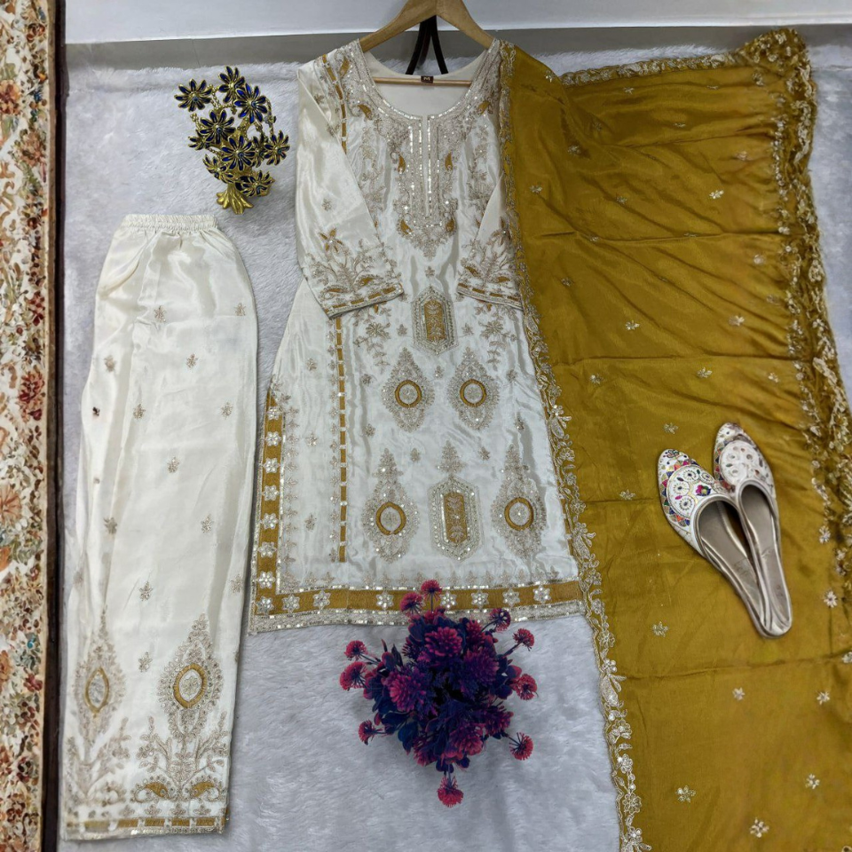 Eid Special Chinon Silk Embroidered Sequins Kurti Palazzo Dupatta Set