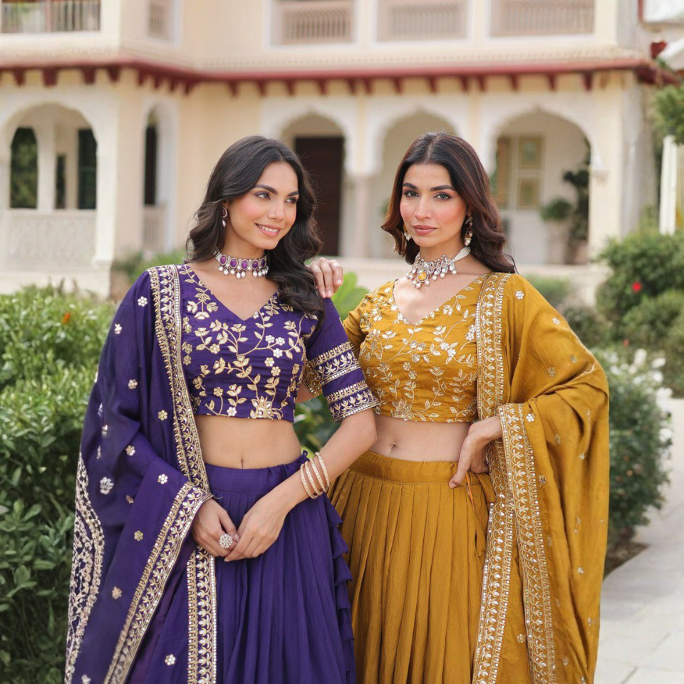 Vichitra Silk Heavy Sequins & Zari Embroidered Lehenga Choli with Designer Dupatta