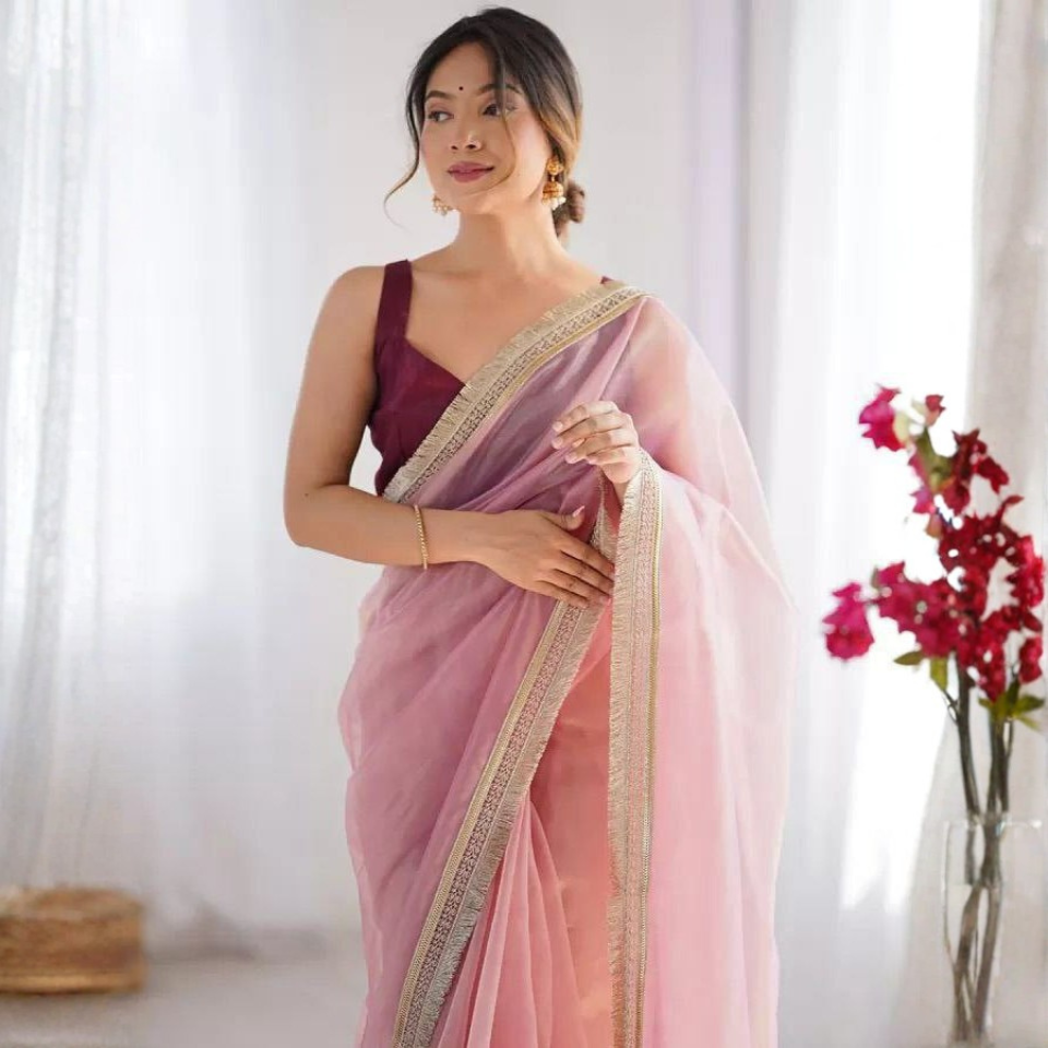 Twill Net Fancy Lace Border Party Wear Saree with Mono Banglori Blouse