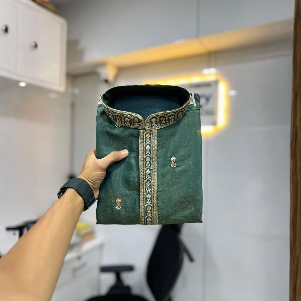 Men’s Roman Shimmer Embroidered Kurta with Heavy Daman & Golden Sequence Work