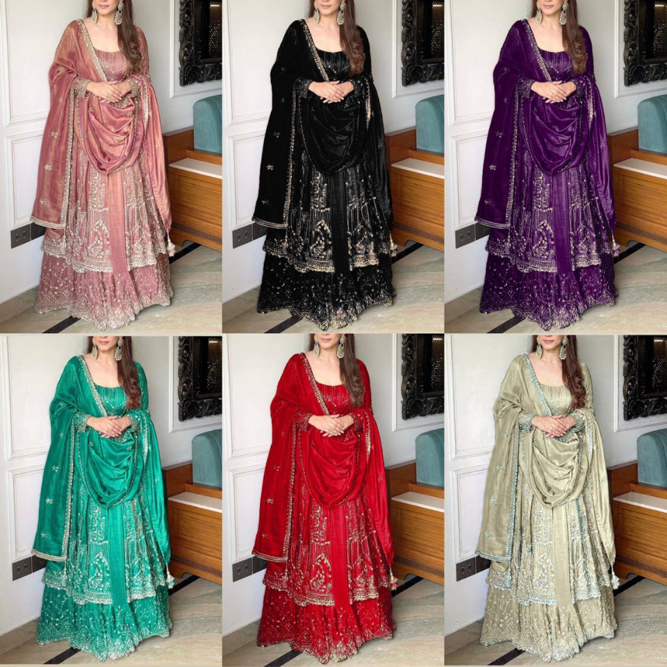 Heavy Crunchy Silk Embroidered Gown Lehenga Dupatta Set with Full Sleeves