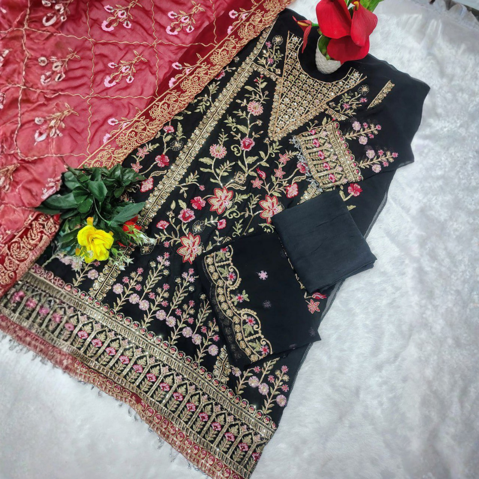 Heavy Georgette Embroidered Suit Set with Sequin, Moti & Mirror Work Dupatta