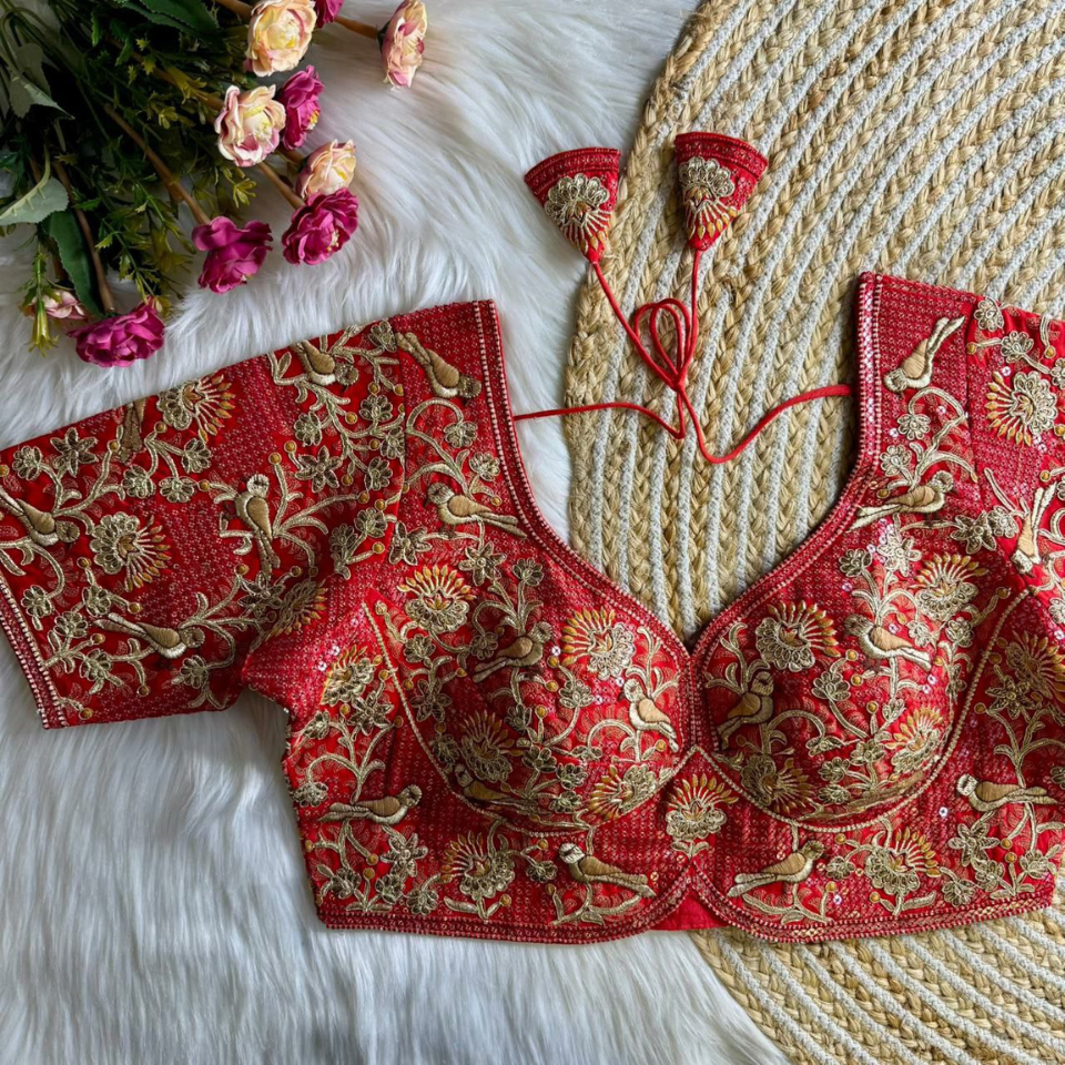 Heavy Roman Silk Partywear Blouse with Jari Sequence & Coding Thread Work