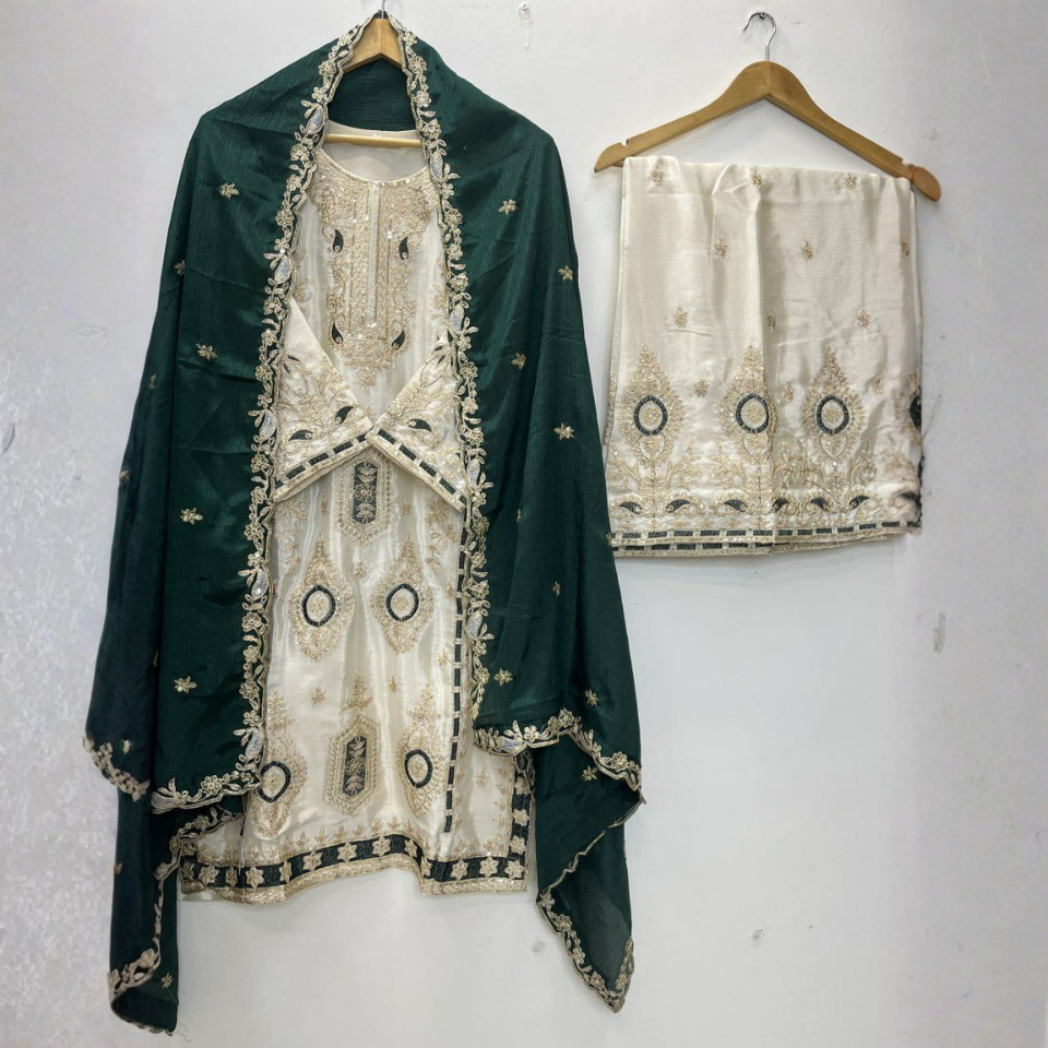 Eid Special Chinon Silk Embroidered Sequins Kurti Palazzo Dupatta Set