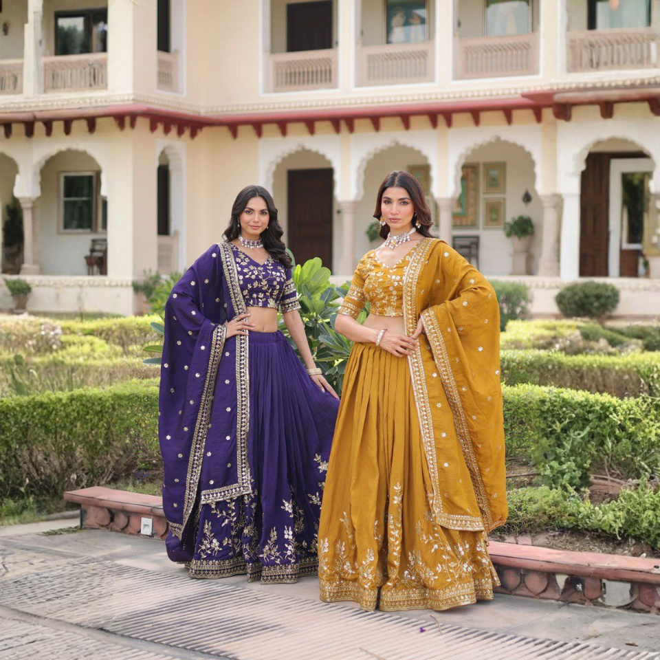 Vichitra Silk Heavy Sequins & Zari Embroidered Lehenga Choli with Designer Dupatta