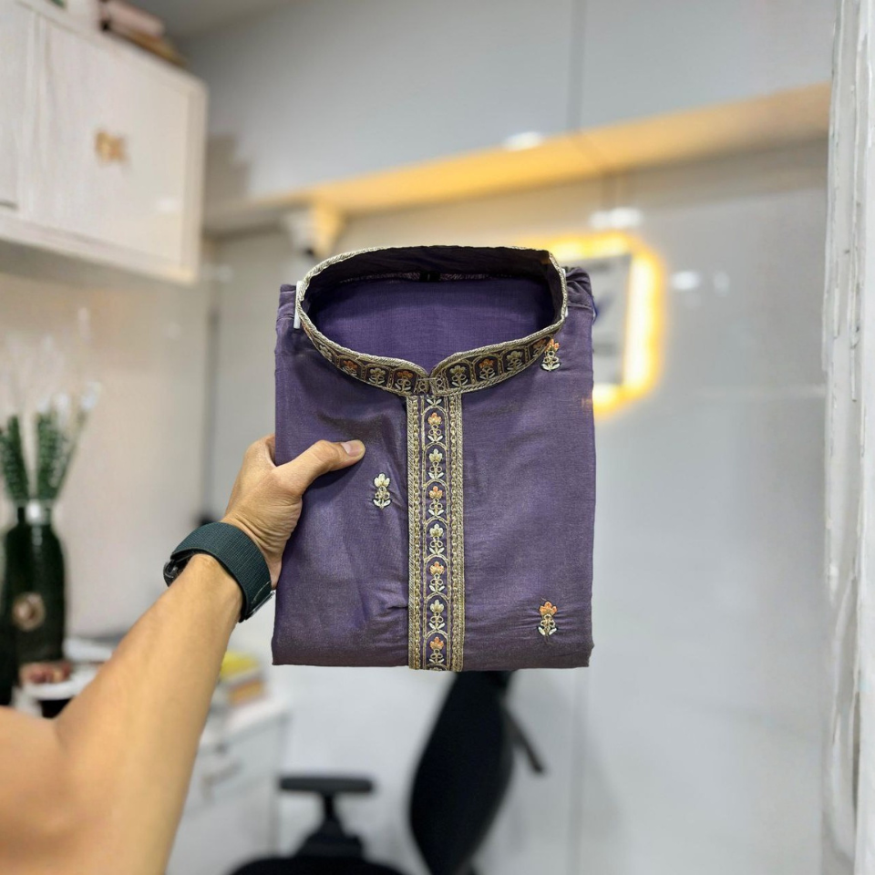 Men’s Roman Shimmer Embroidered Kurta with Heavy Daman & Golden Sequence Work