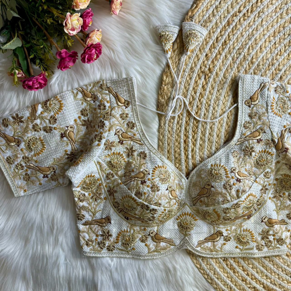 Heavy Roman Silk Partywear Blouse with Jari Sequence & Coding Thread Work