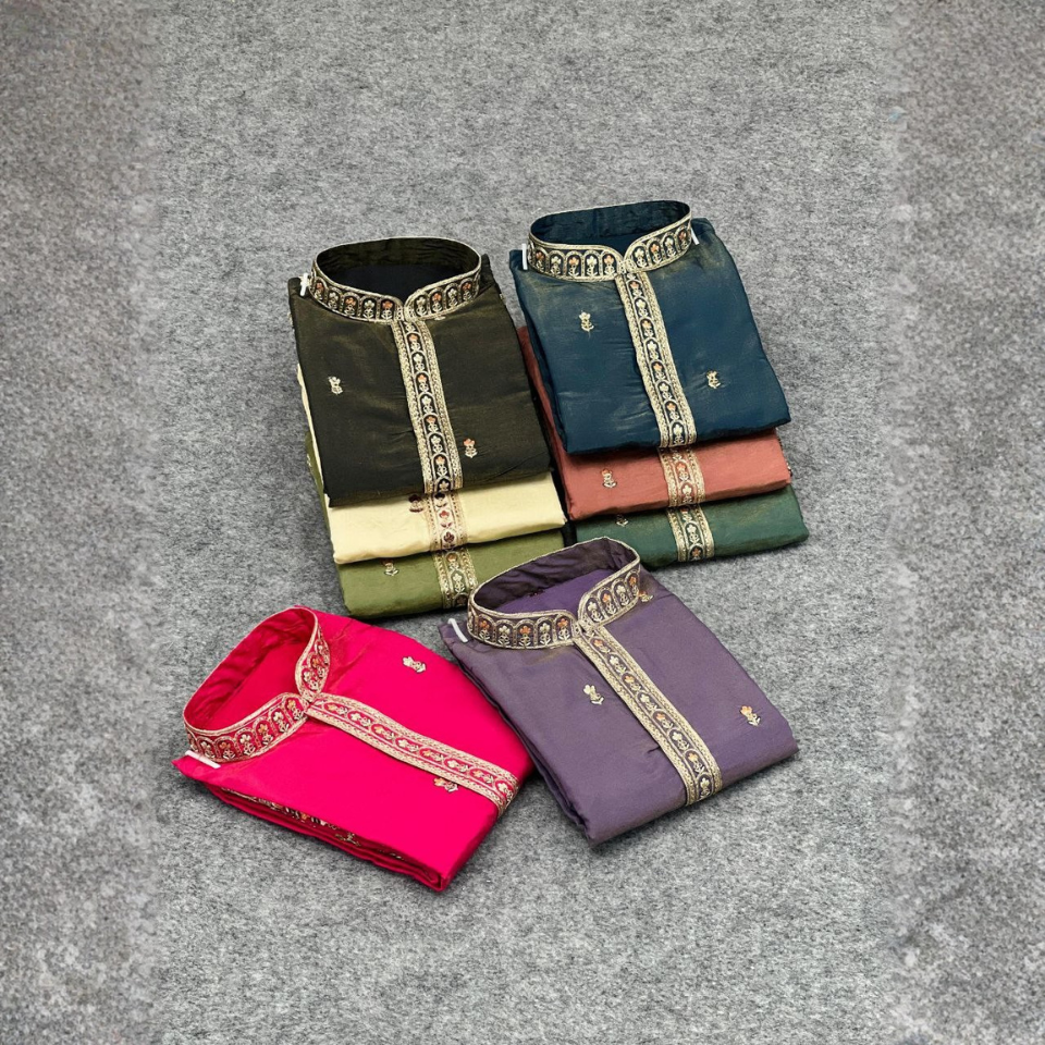 Men’s Roman Shimmer Embroidered Kurta with Heavy Daman & Golden Sequence Work