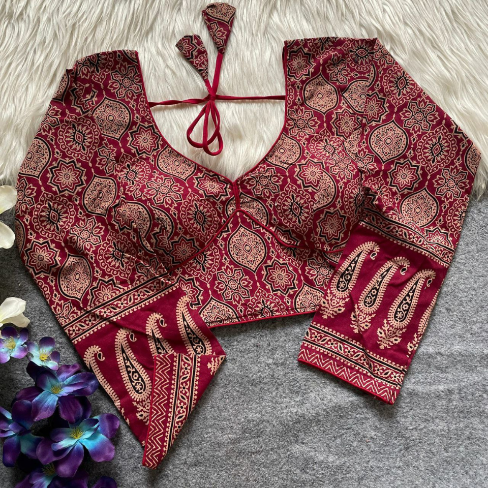 Ajrakh Cotton Galaxy V-Neck Designer Blouse