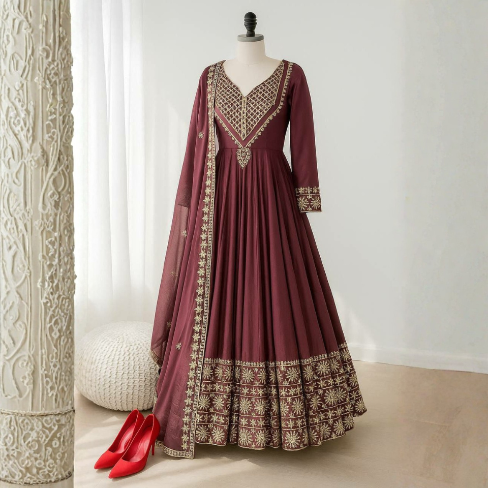 Roman Simmer Silk Embroidered Gown Set