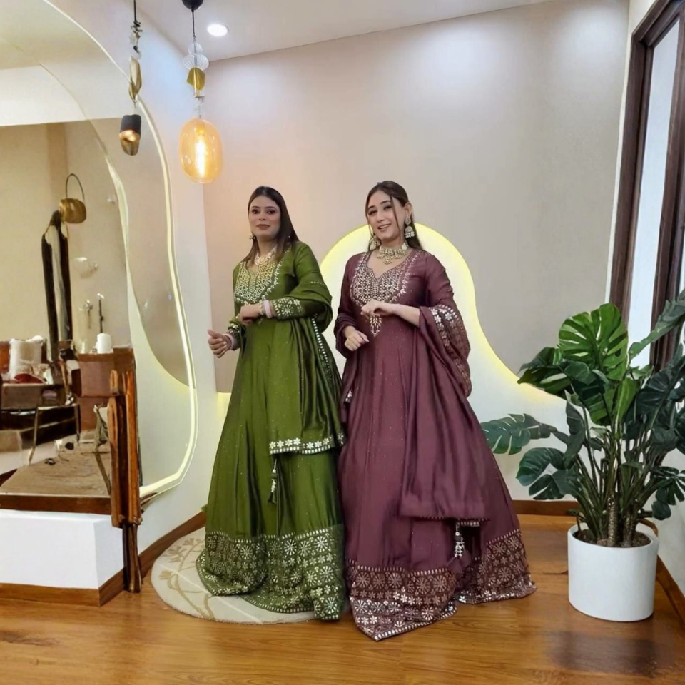 Roman Simmer Silk Embroidered Gown Set