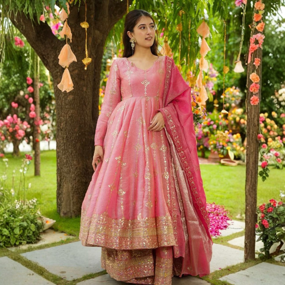 Heavy Crunchy Silk Embroidered Top & Bottom Set with Dupatta