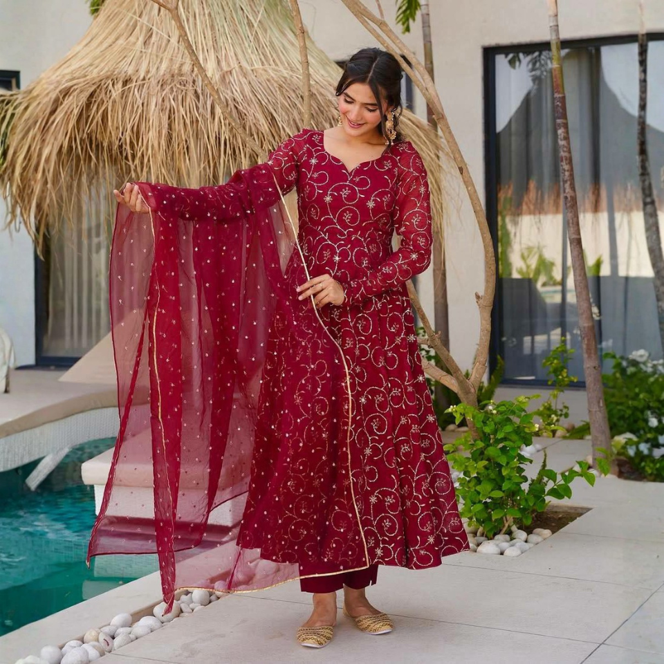 Faux Georgette Sequin Embroidered Gown Set