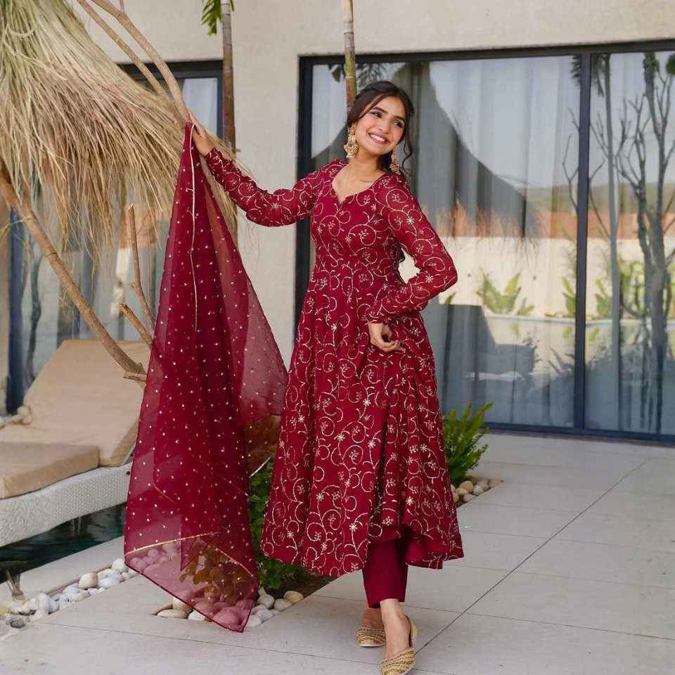 Faux Georgette Sequin Embroidered Gown Set