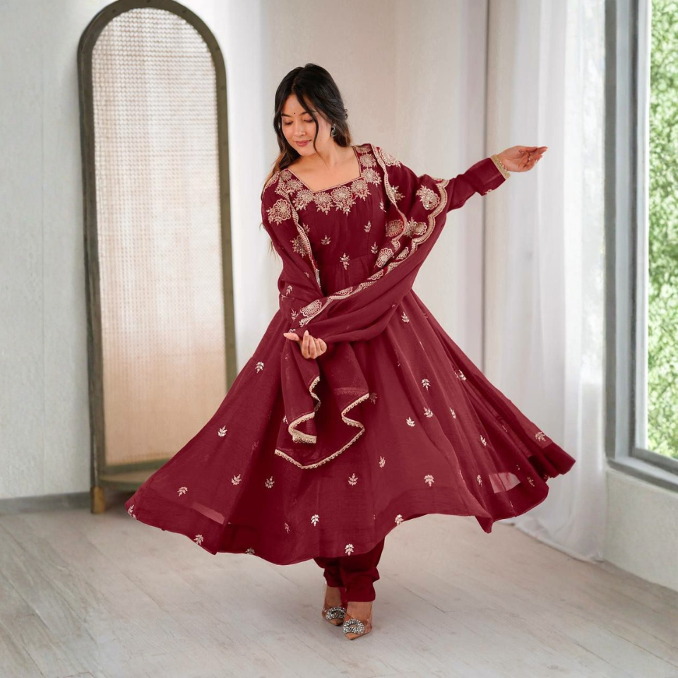 Crunchy Silk Embroidered Gown Set