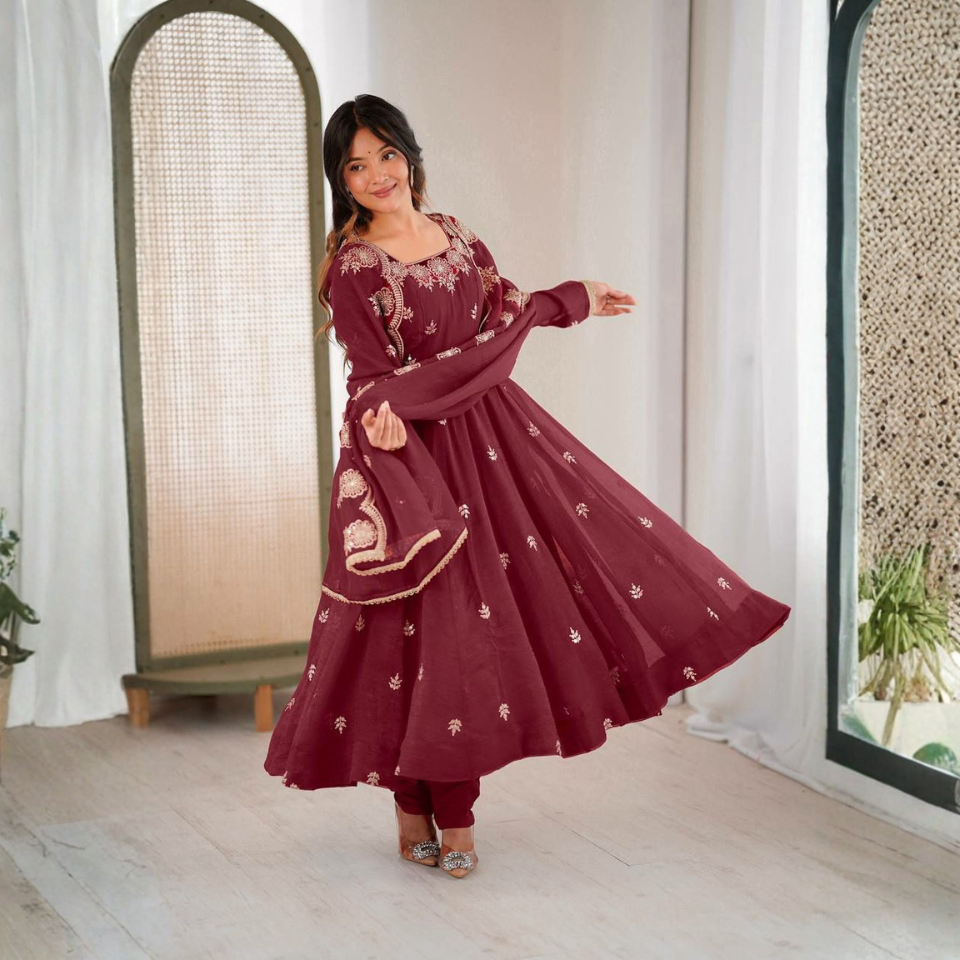 Crunchy Silk Embroidered Gown Set