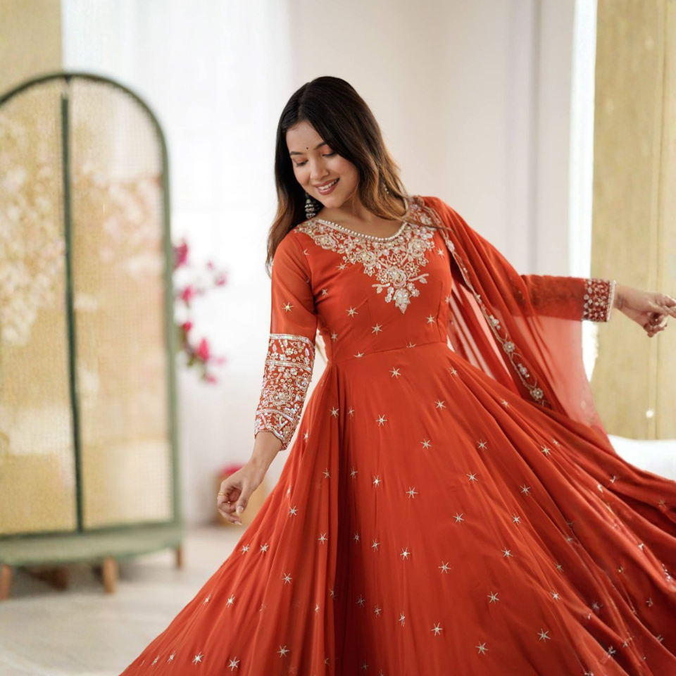 Blooming Faux Embroidered Anarkali Gown Set