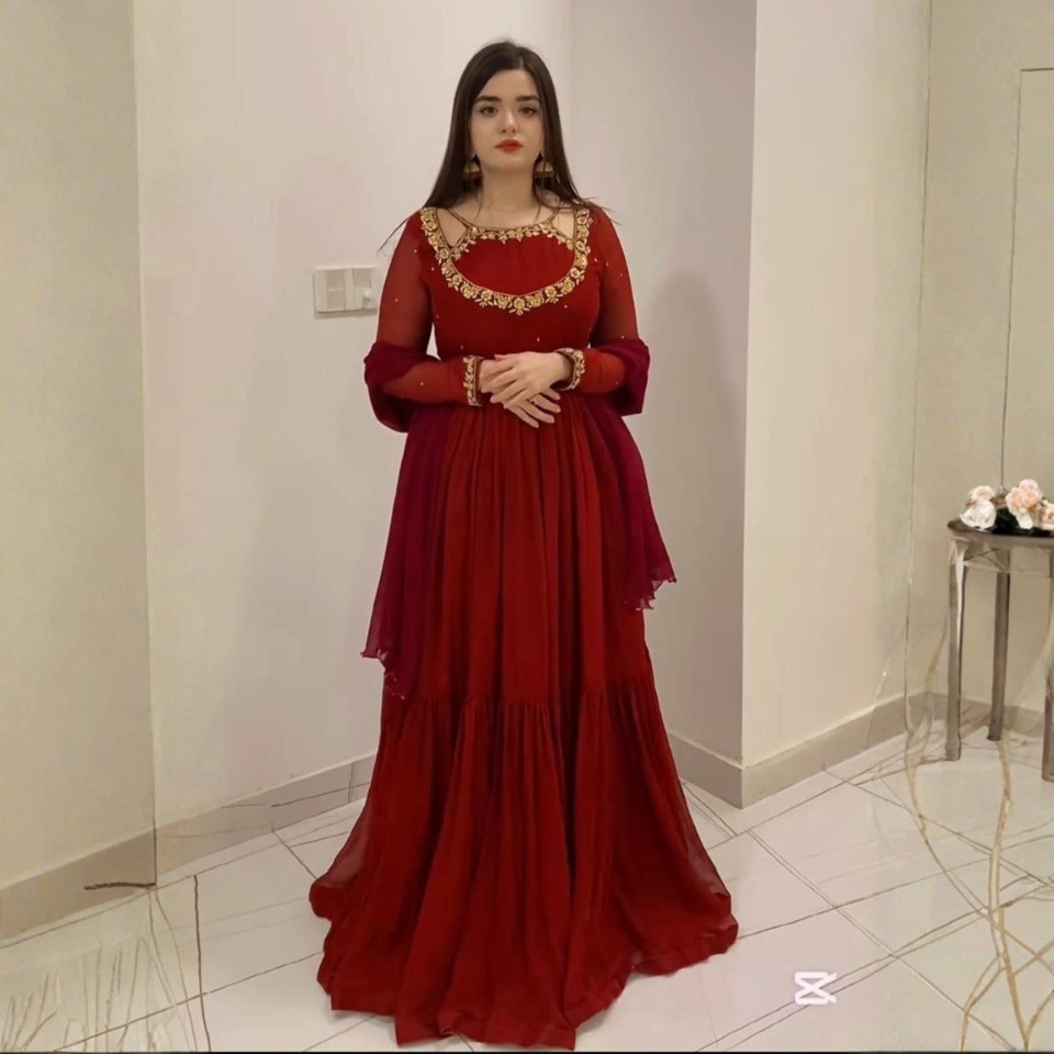 Faux Georgette Embroidered Ruffle Gown Set