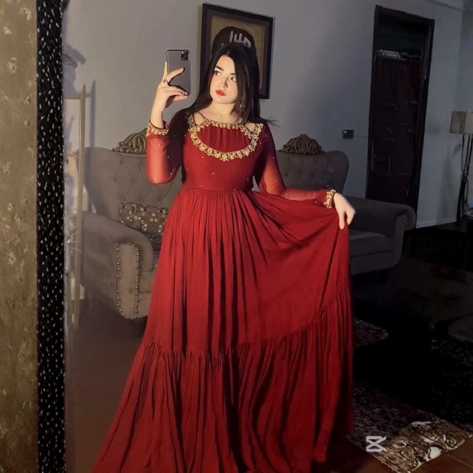 Faux Georgette Embroidered Ruffle Gown Set