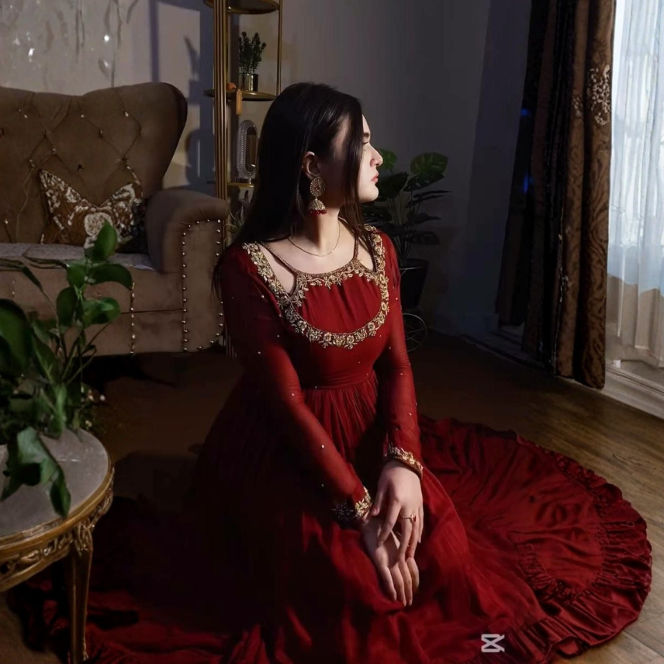 Faux Georgette Embroidered Ruffle Gown Set