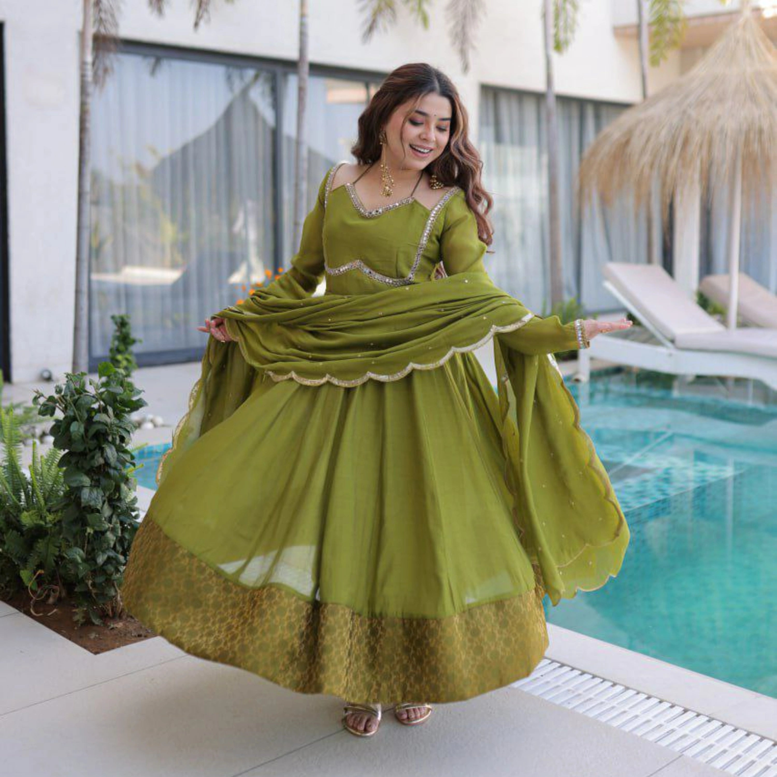 Aafiya Chanderi Mirror Work Anarkali Set