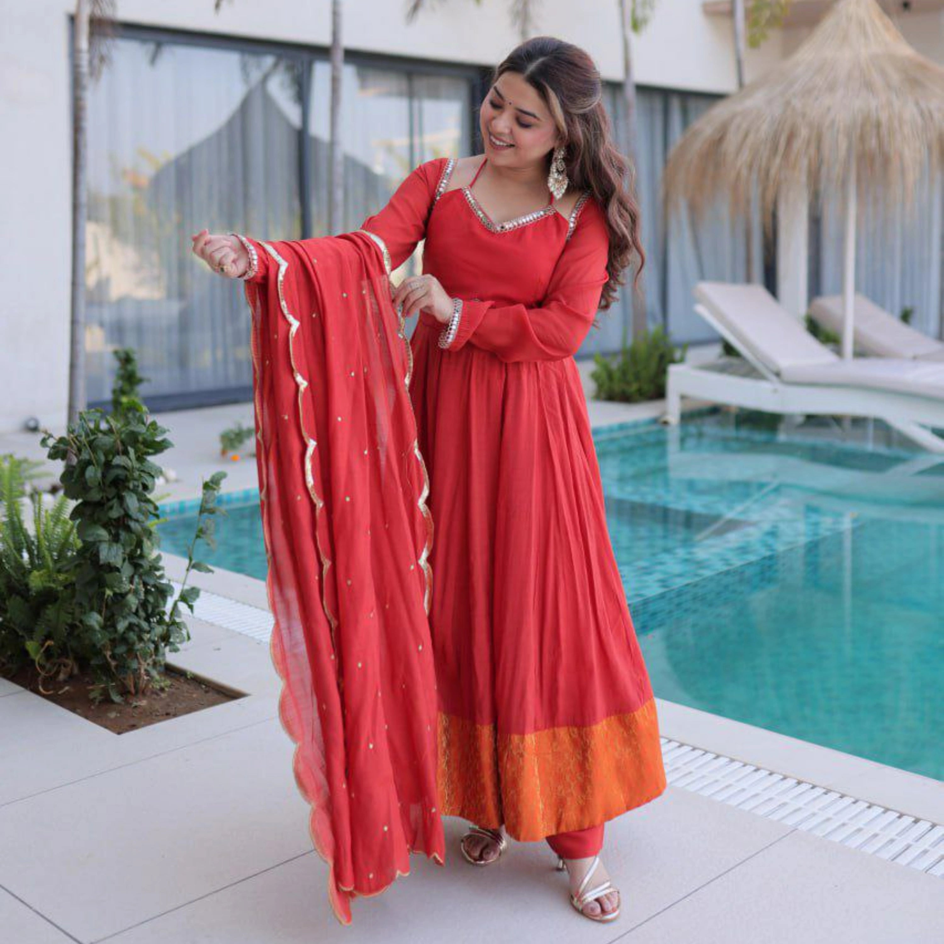 Aafiya Chanderi Mirror Work Anarkali Set