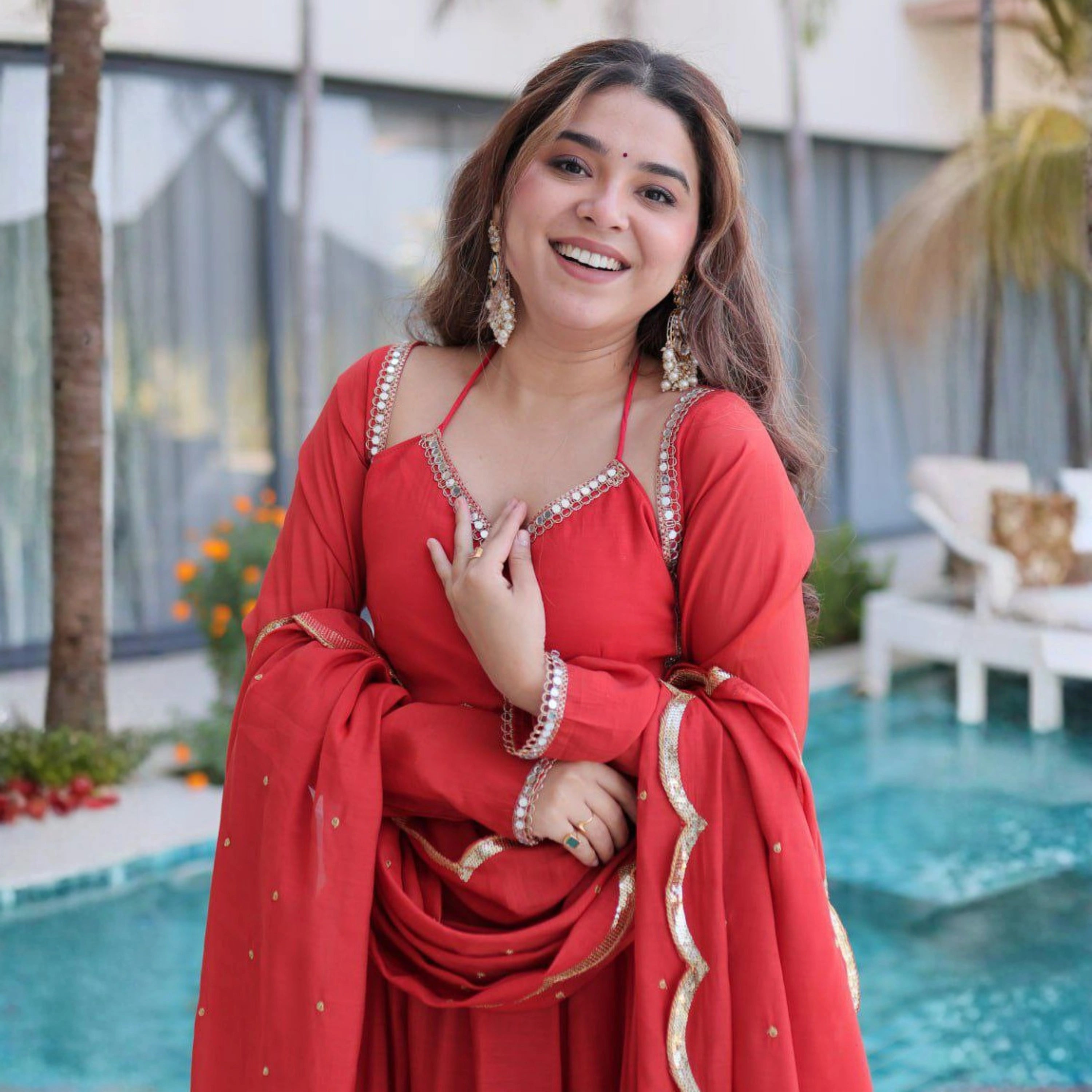 Aafiya Chanderi Mirror Work Anarkali Set