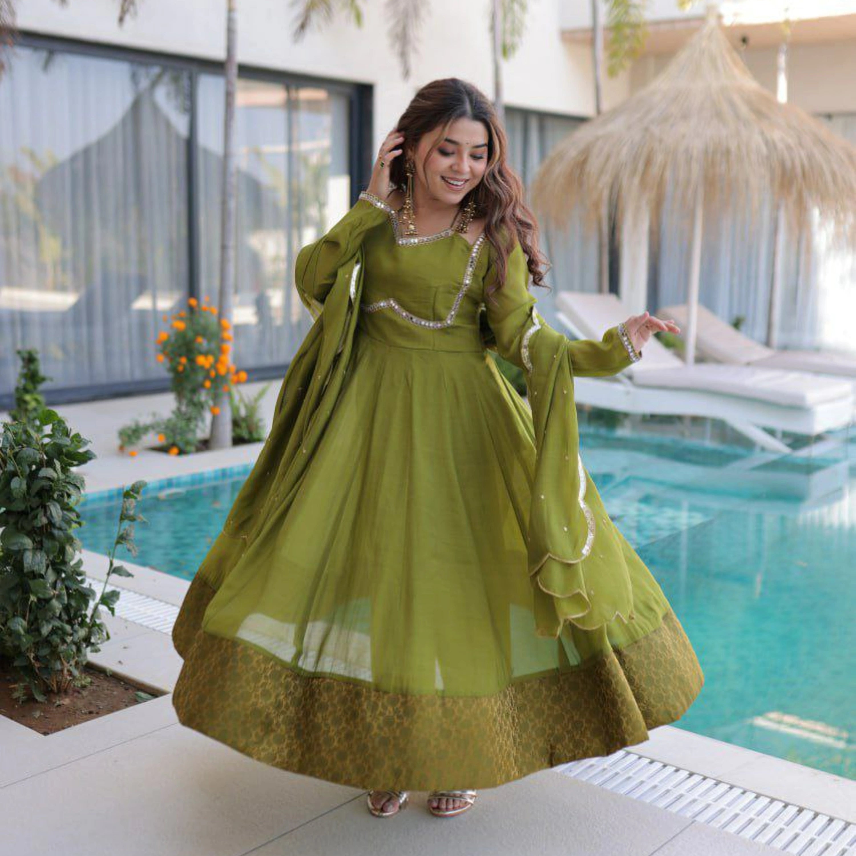 Aafiya Chanderi Mirror Work Anarkali Set