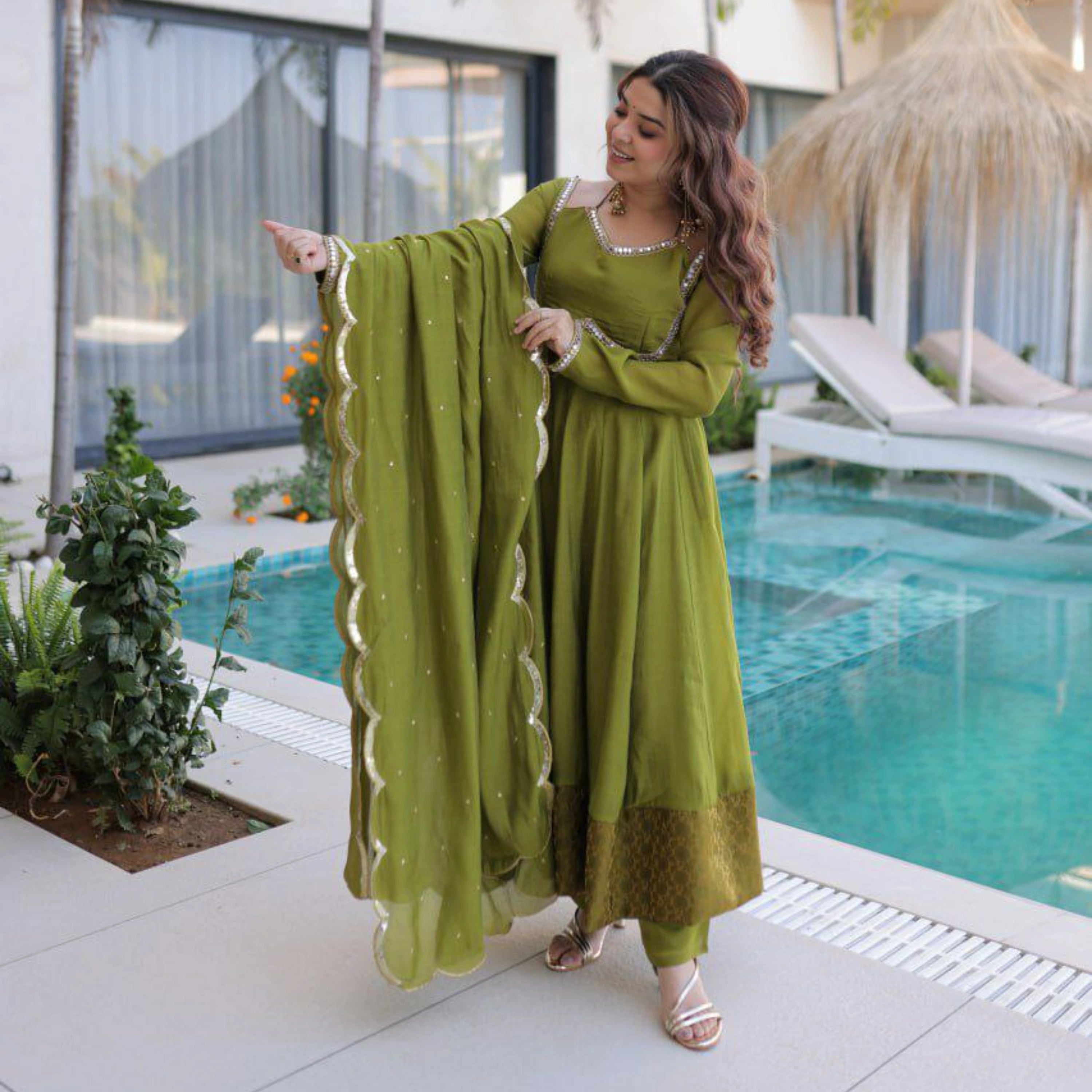 Aafiya Chanderi Mirror Work Anarkali Set