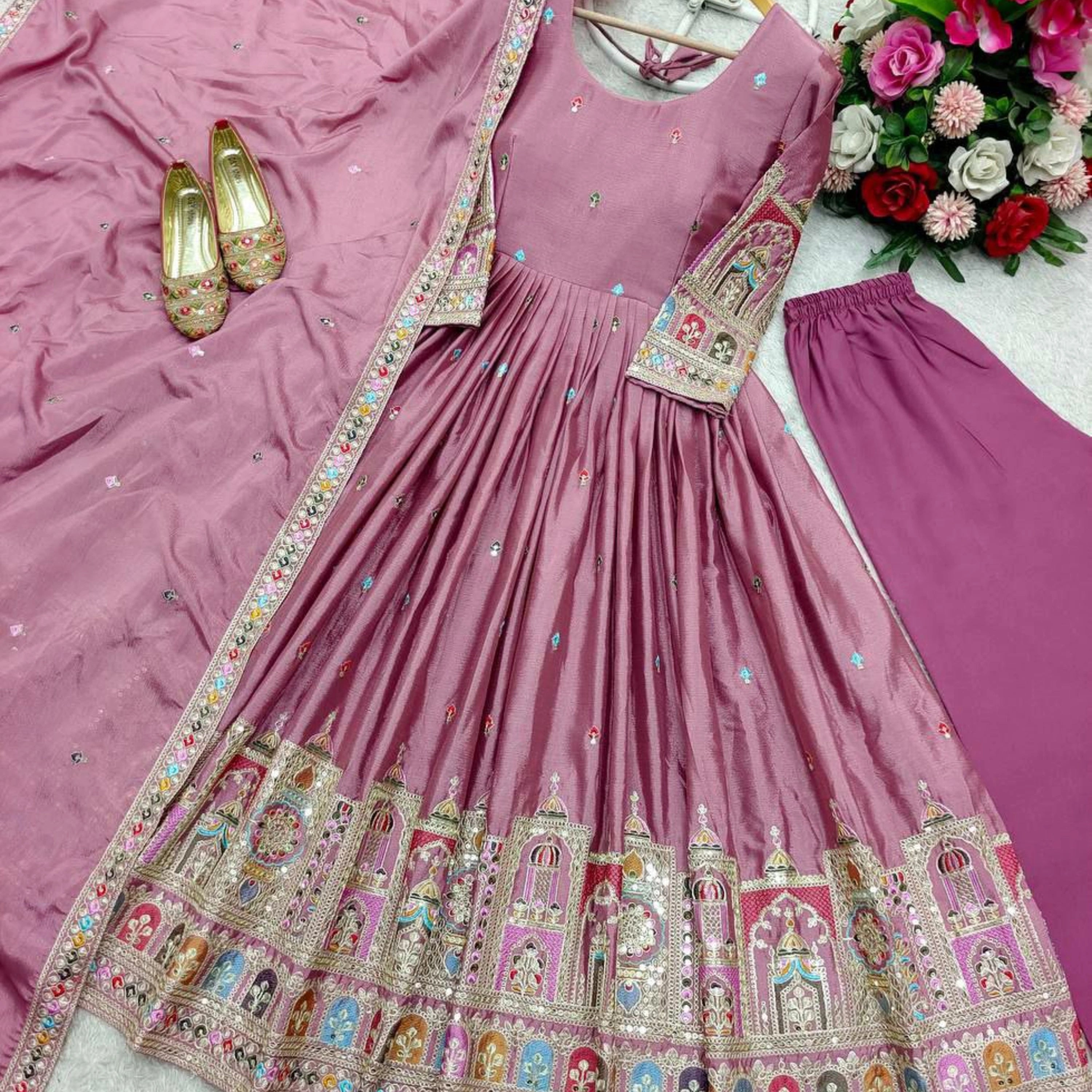 Saira Chinon Silk Embroidered Anarkali Set