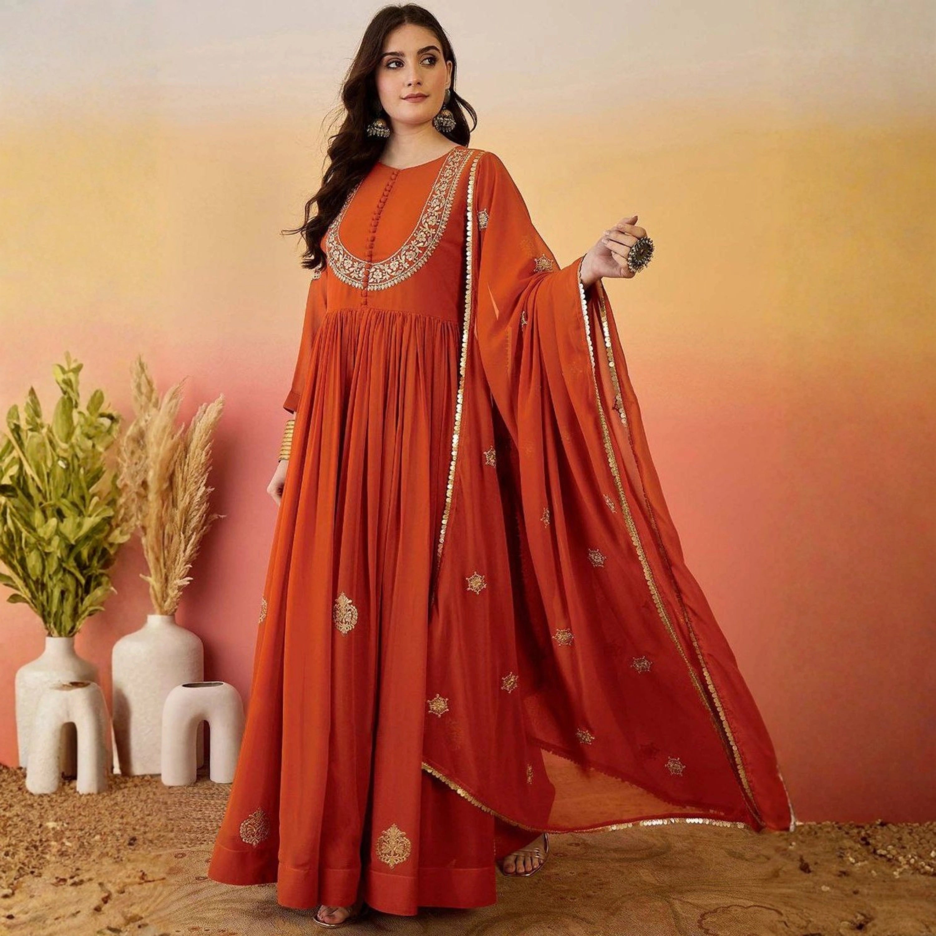 Ziva Rust Orange Georgette Anarkali Set