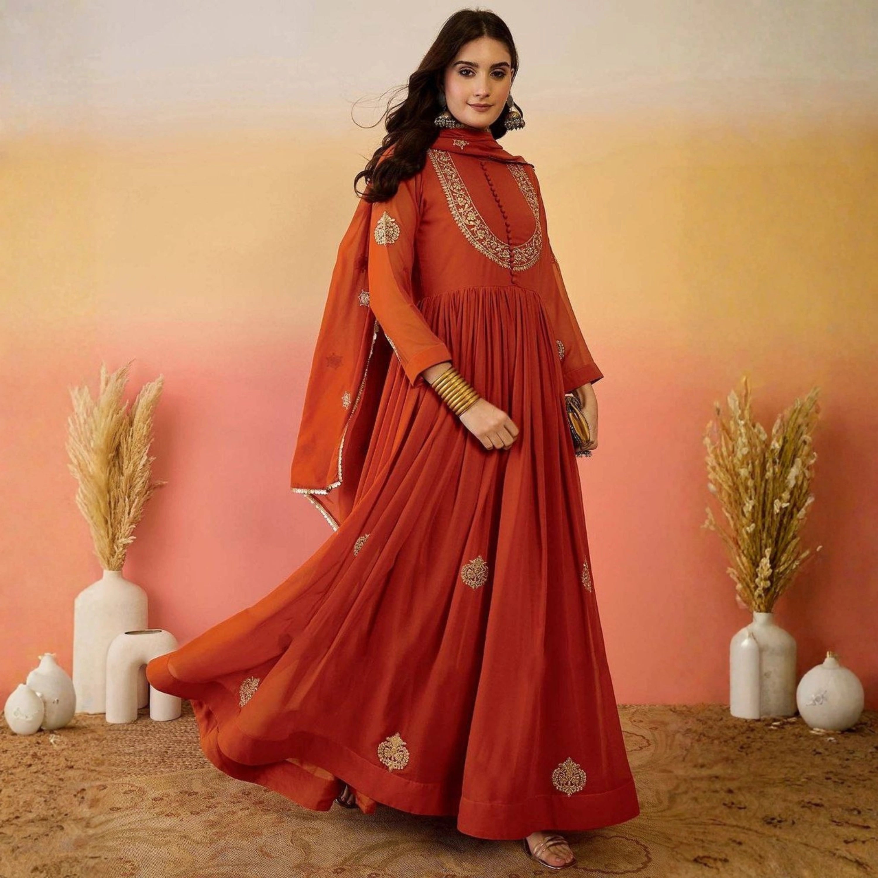Ziva Rust Orange Georgette Anarkali Set