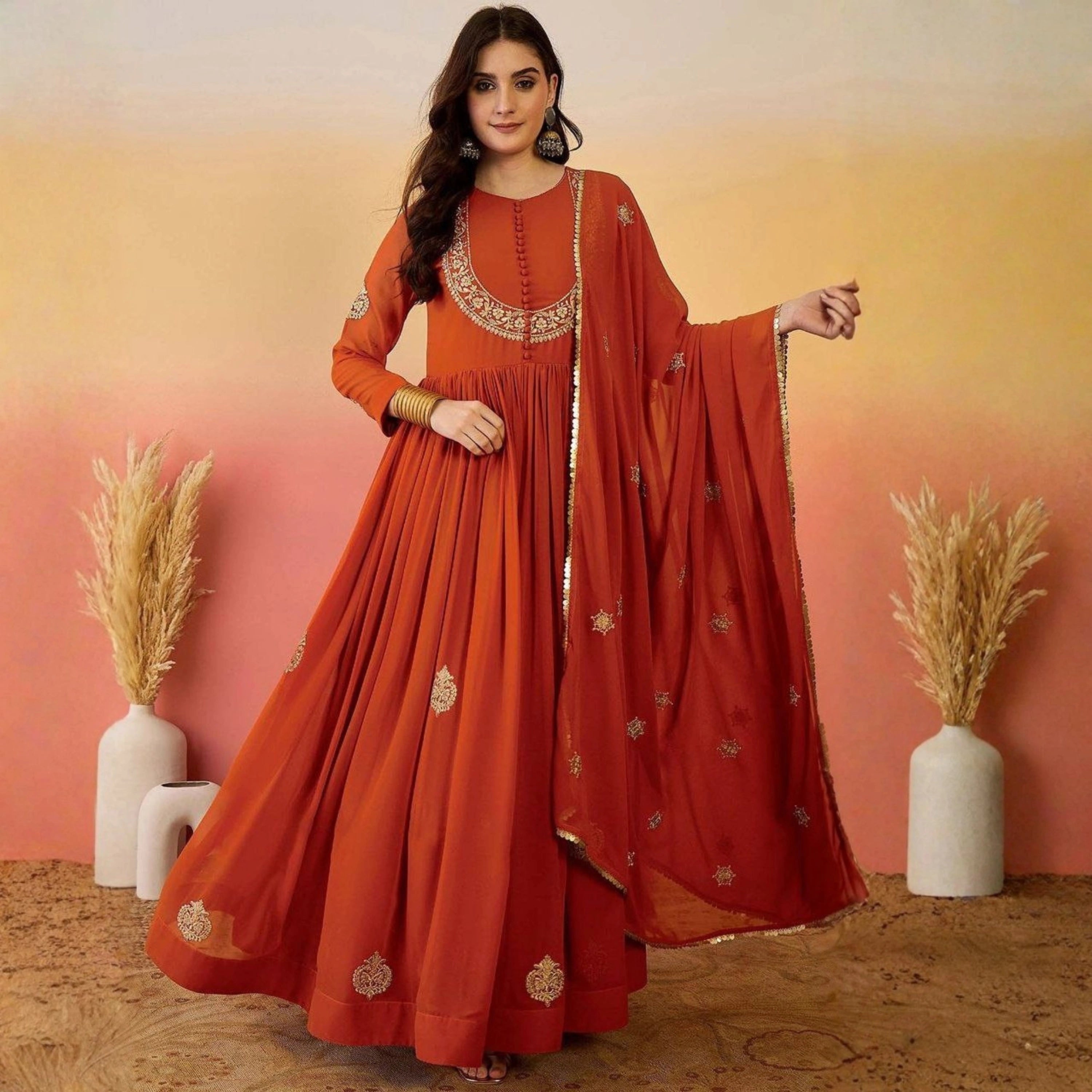 Ziva Rust Orange Georgette Anarkali Set